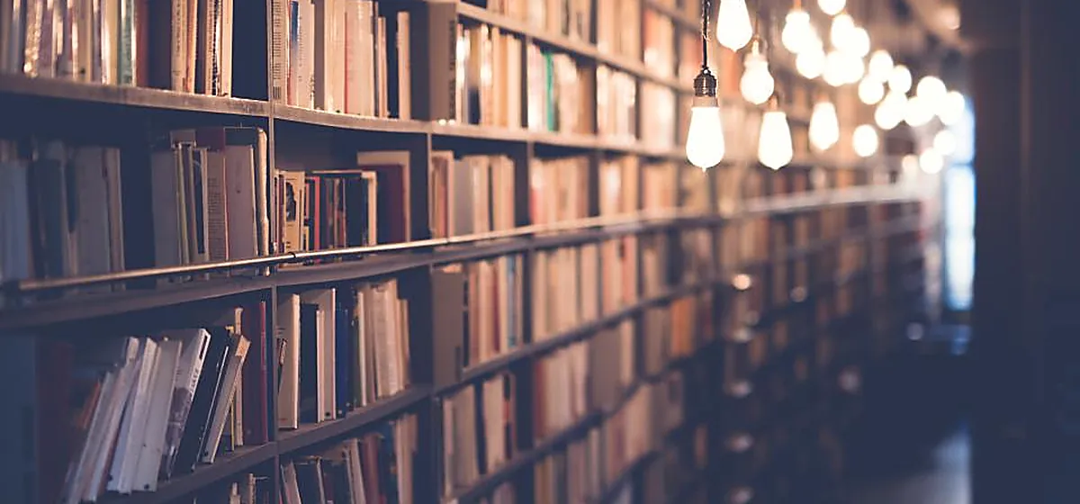 Rows of archived volumes in a library