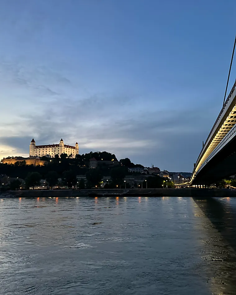 The underside of a bridge span against an evening sky