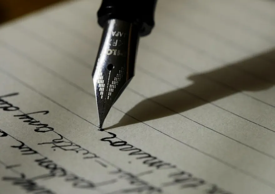 The nib of a fountain pen resting on paper